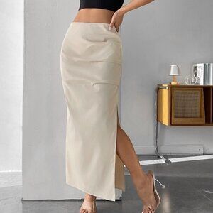 Beige Preppy Womens old Pleated Split Thigh Skirt